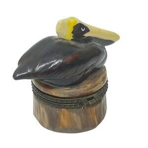 Ceramic Pelican Trinket Box Hinged with Fish Inside Coastal Nautical Decor